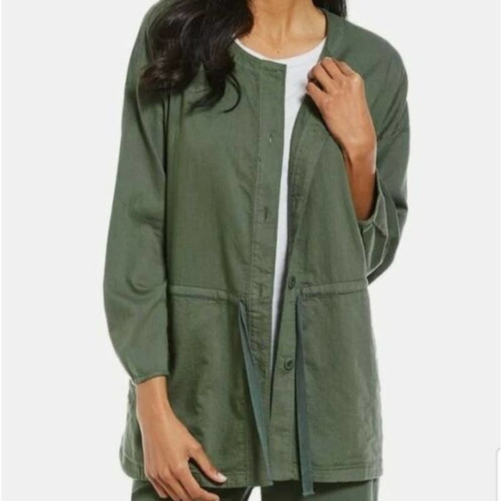 Eileen Fisher Cotton Drawstring Waist Lightweight Army Green Jacket Small